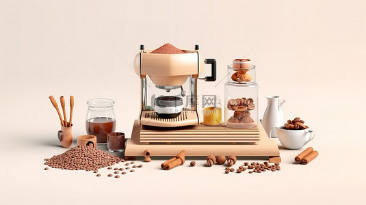 卡咖啡背景图片_带有木制研磨机和白色背景杯子的浓缩咖啡机的 3D 渲染