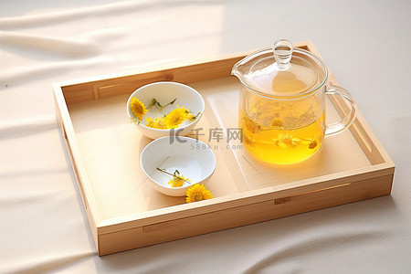 茶杯子背景图片_木托盘中的茶，配有杯子和花