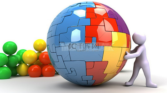 商务人物拼图背景图片_3D 人物在空白的白色表面上拿着益智游戏中的彩色球体