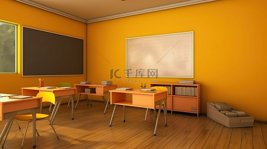 白板教室背景图片_金色墙壁上的教室和白板 3d 渲染