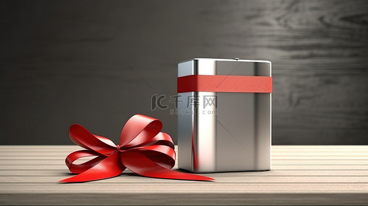 红色木桌背景图片_一张木桌，上面有一个金属弹簧，上面举着空白横幅和包装好的礼品盒