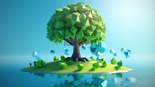 蓝色水和绿色公园夏季景观中低聚卡通树的 3D 渲染