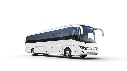 一辆大型白色旅游巴士向白色背景上的图标前进的 3D 渲染