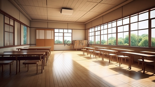 空置的日本风格教室内部的 3D 渲染图像