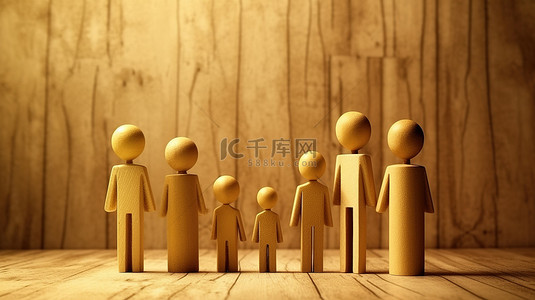 商务沟通人物背景图片_一个木制人物家族的 3D 渲染插图