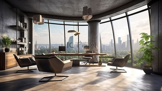 当代企业背景图片_1 具有城市全景和日光照明的当代混凝土办公室内部 3D 渲染