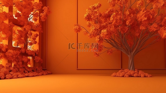 具有秋季橙色色调的工作室背景的 3D 渲染
