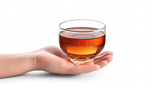 香气食物背景图片_白色背景上拿着一杯红茶的手的 3D 渲染