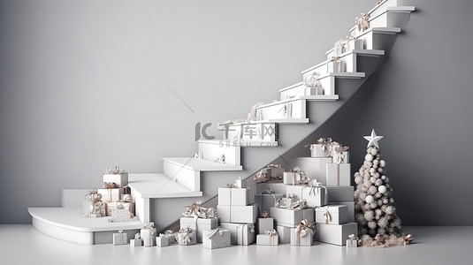 新年主题背景图片_带楼梯和包装礼品的假日主题 3D 产品展示