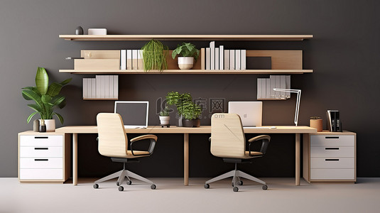 侧视桌面背景图片_现代办公空间的现代 3D 渲染，配有橱柜架装饰办公桌和侧椅