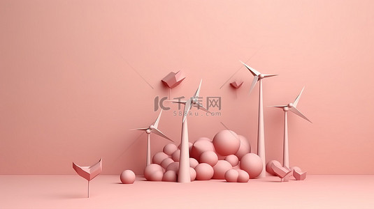 地球表面的可再生能源风力涡轮机，带有柔和的背景 3D 渲染插图