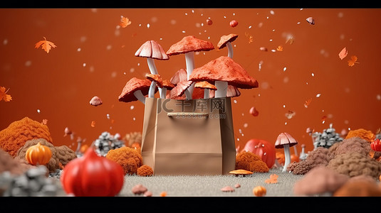 秋季购物背景图片_秋季购物盛宴蘑菇装满落叶的购物袋 3d