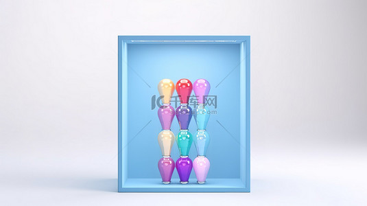 白色背景玻璃盒中蓝色灯泡和重叠彩色灯泡的简约概念 3D 渲染