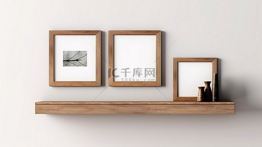 画框设计背景图片_木框架样机水平设计，边框挂在墙上 3D 渲染