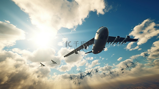 古武背景图片_两架军用飞机在阳光明媚的乌克兰天空中翱翔 3d 渲染