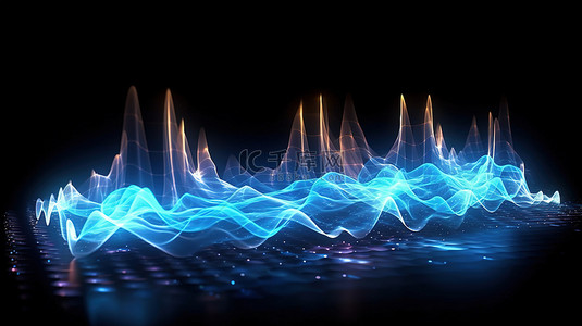 具有脉冲音乐粒子和动态声波的蓝色能量流概念的 3D 渲染