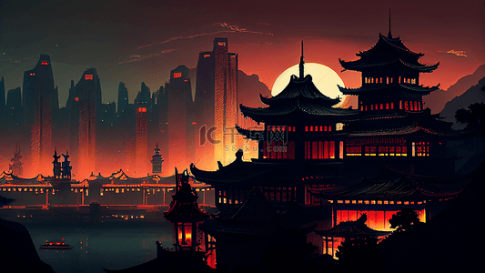 中国复古风格背景图片_亭台楼阁夜晚背景