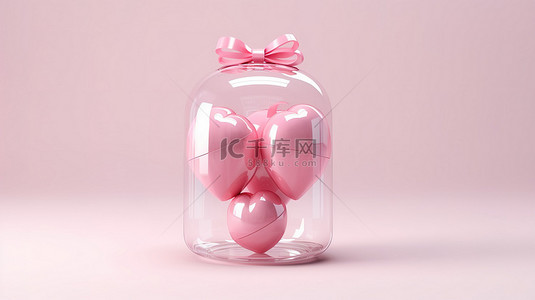 3D 渲染抽象情人节概念礼品盒，罐子里装着粉红心玫瑰，心形气球
