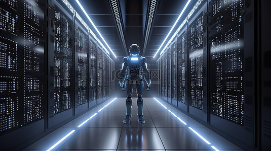 人工智能机器人在服务器机房 3D 渲染中用照明光进行思考和计算