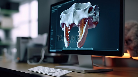 牙医办公室电脑屏幕上显示的 3D 牙科扫描