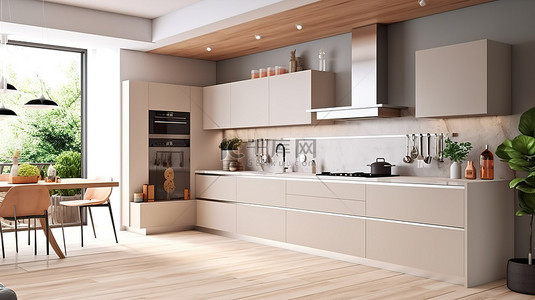 明亮家居背景图片_从侧面角度看现代明亮厨房的 3D 渲染，配有别致的 d cor 和木地板