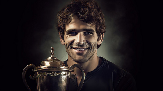 橄榄球运动员获奖奖杯和灿烂笑容的 3D 合成图像