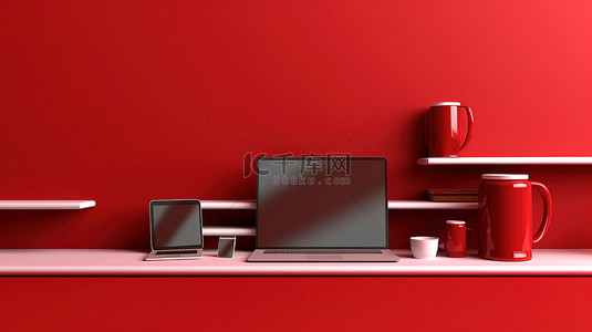 红墙架与数字设备笔记本电脑手机和平板电脑 3D 插图横幅背景