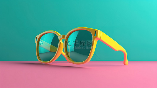 绿松石框 3D 太阳镜，配有粉红色偏光镜片，非常适合海滩度假派对，并为您的夏季风格增添一丝乐趣，隔离在欢快的黄色背景上，以迷人的角度视图 3D 渲染的样机横幅设计