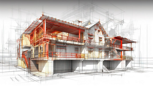 房屋背景背景图片_房屋在建筑过程施工现场主辅线3D设计中的插图