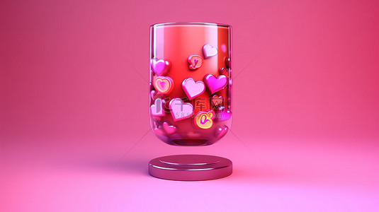 爱心图标符号背景图片_粉红色背景的 3D 插图与社交媒体如通知玻璃图标
