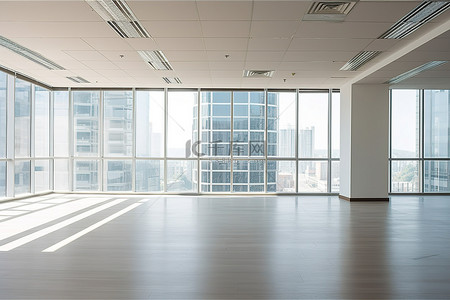 空荡荡的办公空间，有高大的窗户和开放的地板
