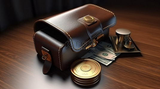 货币安全背景图片_3D 渲染钱包信用卡和美元硬币的插图