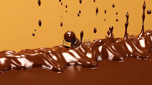 融化的巧克力滴背景图片_棕色巧克力背景与 3D 渲染的巧克力滴