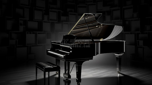 光滑的黑色钢琴由 3D 渲染创建的深色背景上的体积照明照亮