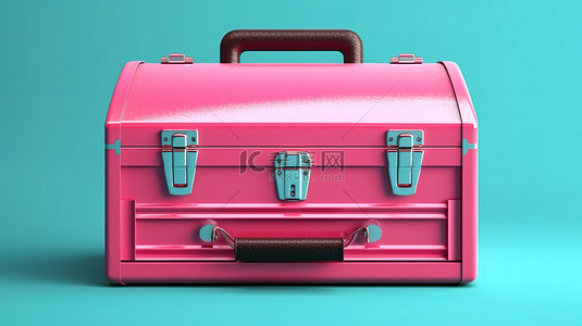 充满活力的蓝色背景上光滑的粉色金属工具箱，以双色调呈现