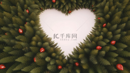 冬天的树枝背景图片_圣诞节心形冷杉树枝背景的喜庆 3D 渲染