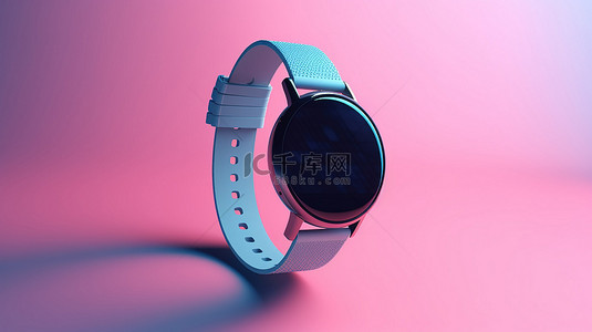 双色粉红色背景展示了时尚的蓝色智能手表模型，带 3D 渲染的表带