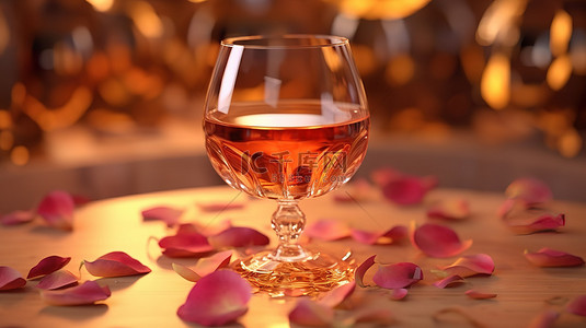 威士忌酒标背景图片_木板上带有玫瑰花瓣背景的玻璃杯中干邑白兰地的照明 3D 渲染