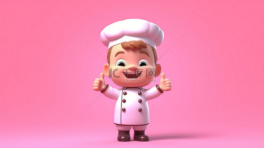竖大拇指你真棒背景图片_可爱的厨师面包师或咖啡师在充满活力的粉红色背景 3D 渲染上作为餐厅厨师吉祥物竖起大拇指
