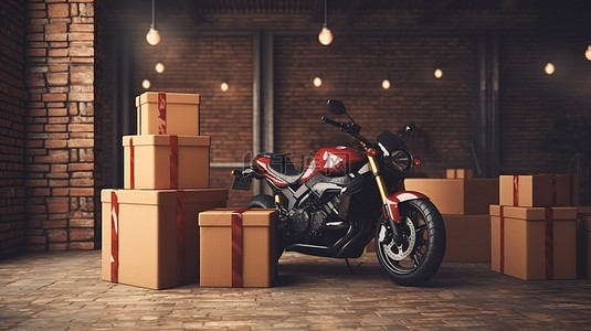 物品盒背景图片_带有物品盒的摩托车 3D 渲染显示
