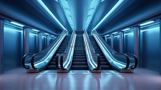 室内购物中心机场和地铁站的时尚自动扶梯详细的 3D 渲染