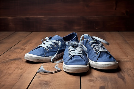 花样鞋带背景图片_蓝色鞋带坐在木质表面上