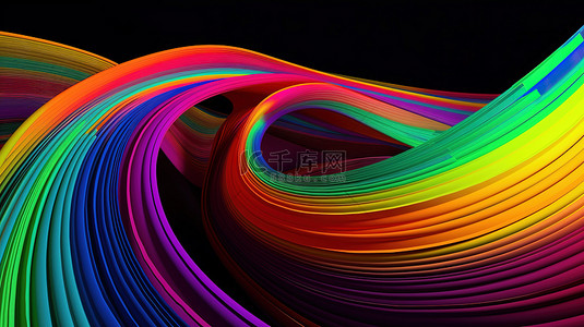 彩色线性背景中充满活力的几何彩虹线的全景 3D 渲染