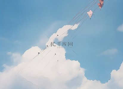 扁平风格放风筝背景图片_风筝飞过云层