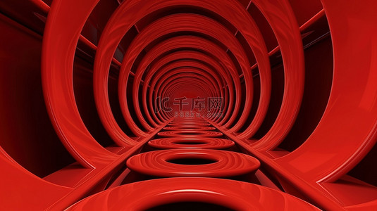 科技现实背景图片_红色隧道中的环 3d 渲染现实