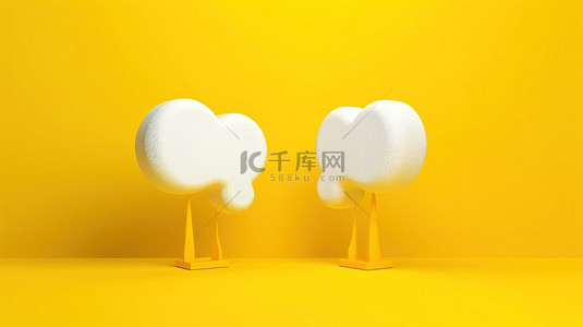 双白色语音气泡，用于在黄色背景上以 3D 呈现的讨论或反馈