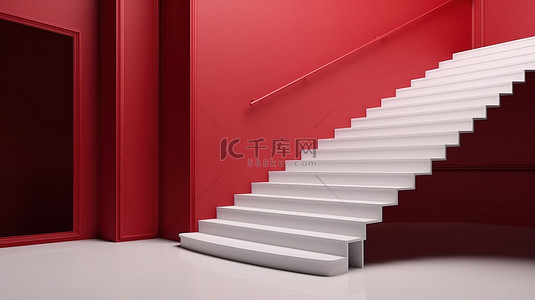 红色房间背景图片_大胆的红色房间中的简约白色楼梯 3D 渲染
