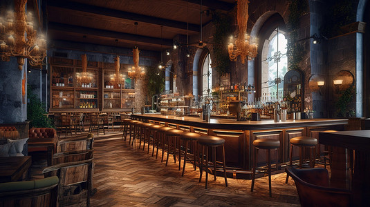 晚上的当代酒吧或酒吧内部以 3D 渲染