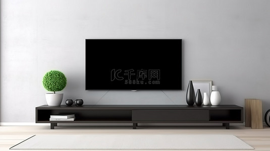 安装背景图片_宽敞智能电视机的控制台安装 3D 渲染