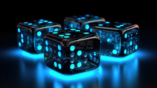 黑色背景下的霓虹灯蓝色发光骰子描绘了 3D 渲染的时尚赌博概念